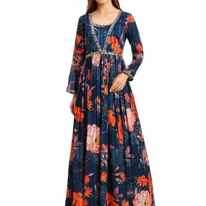 Madhuram Women's Sartin Patta Gown for Women Ethnic with Digital Print and Embroidery Work Long Gown(M-2463)