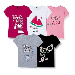 T2F Girls Cotton Printed Regular Fit T-Shirt (Pack of 5)