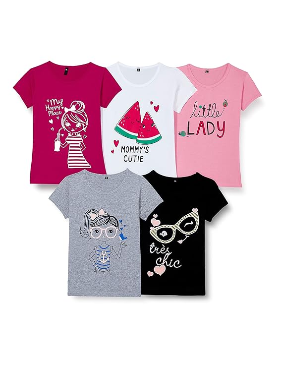 T2F Girls Cotton Printed Regular Fit T-Shirt (Pack of 5)