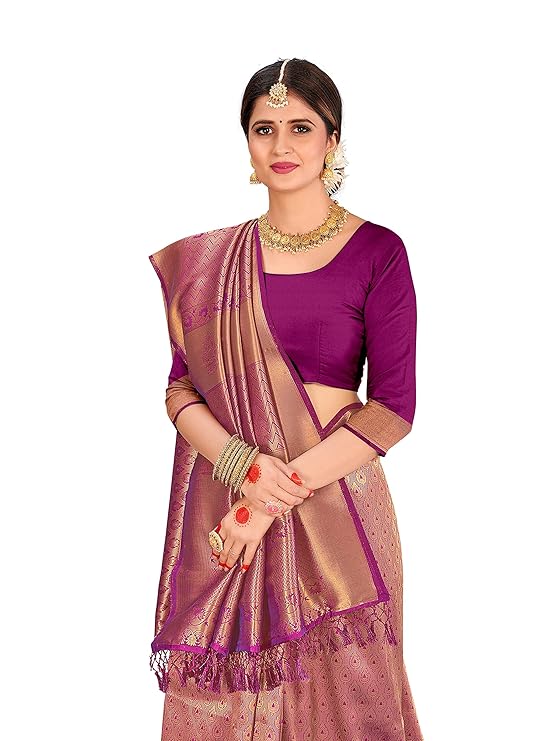 Vardha Women's Kanchipuram Raw Silk Saree with Unstitched Blouse Piece - Zari Woven Work Sarees for Wedding - Image 2