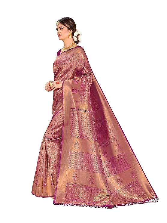 Vardha Women's Kanchipuram Raw Silk Saree with Unstitched Blouse Piece - Zari Woven Work Sarees for Wedding - Image 4