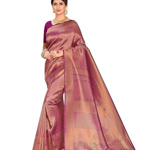 Vardha Women's Kanchipuram Raw Silk Saree with Unstitched Blouse Piece - Zari Woven Work Sarees for Wedding
