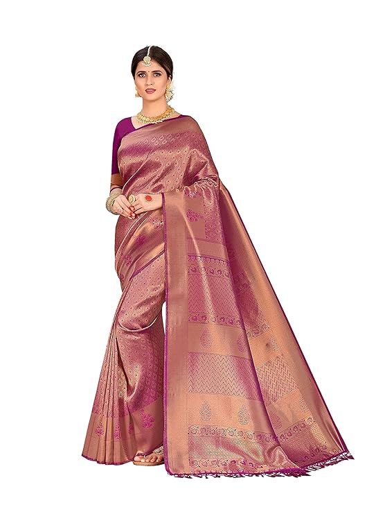 Vardha Women's Kanchipuram Raw Silk Saree with Unstitched Blouse Piece - Zari Woven Work Sarees for Wedding