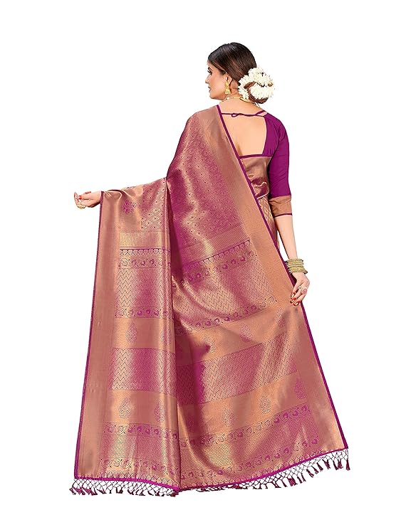 Vardha Women's Kanchipuram Raw Silk Saree with Unstitched Blouse Piece - Zari Woven Work Sarees for Wedding - Image 3