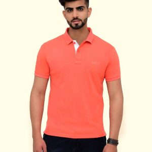 Men Solid Polo Neck Cotton Blend (220 gsm) Orange T-Shirt